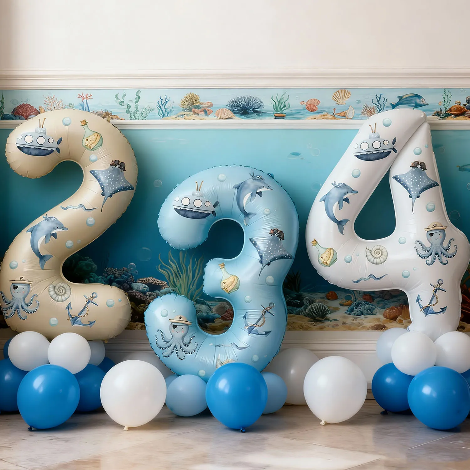 32-inch cream white digital balloon with ocean animal stickers, suitable for birthday party decorations, weddings, adult events,