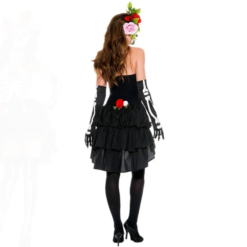 Kostum Kerangka Pengantin Mayat Halloween Karnaval Wanita Pakaian Hari Orang Mati Meksiko Gaun Pesta Mewah Cosplay MN1