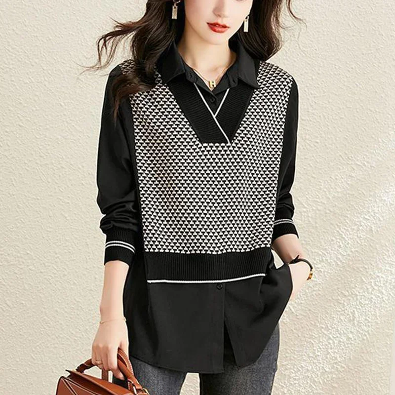 

Spring Autumn Fake Two Pieces Knitting Patchwork Shirt Ladies Casual Fashion Long Sleeve Pullover Blouse Women's Vintage Tops