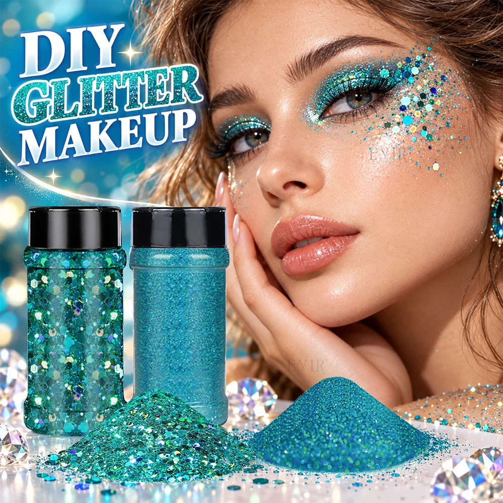 EYIR 2PCS Sky Blue Holographic Glitter Set 80g Fine Glitter 50g Chunky Glitter Flakes for Epoxy Resin Tumblers DIY Crafts
