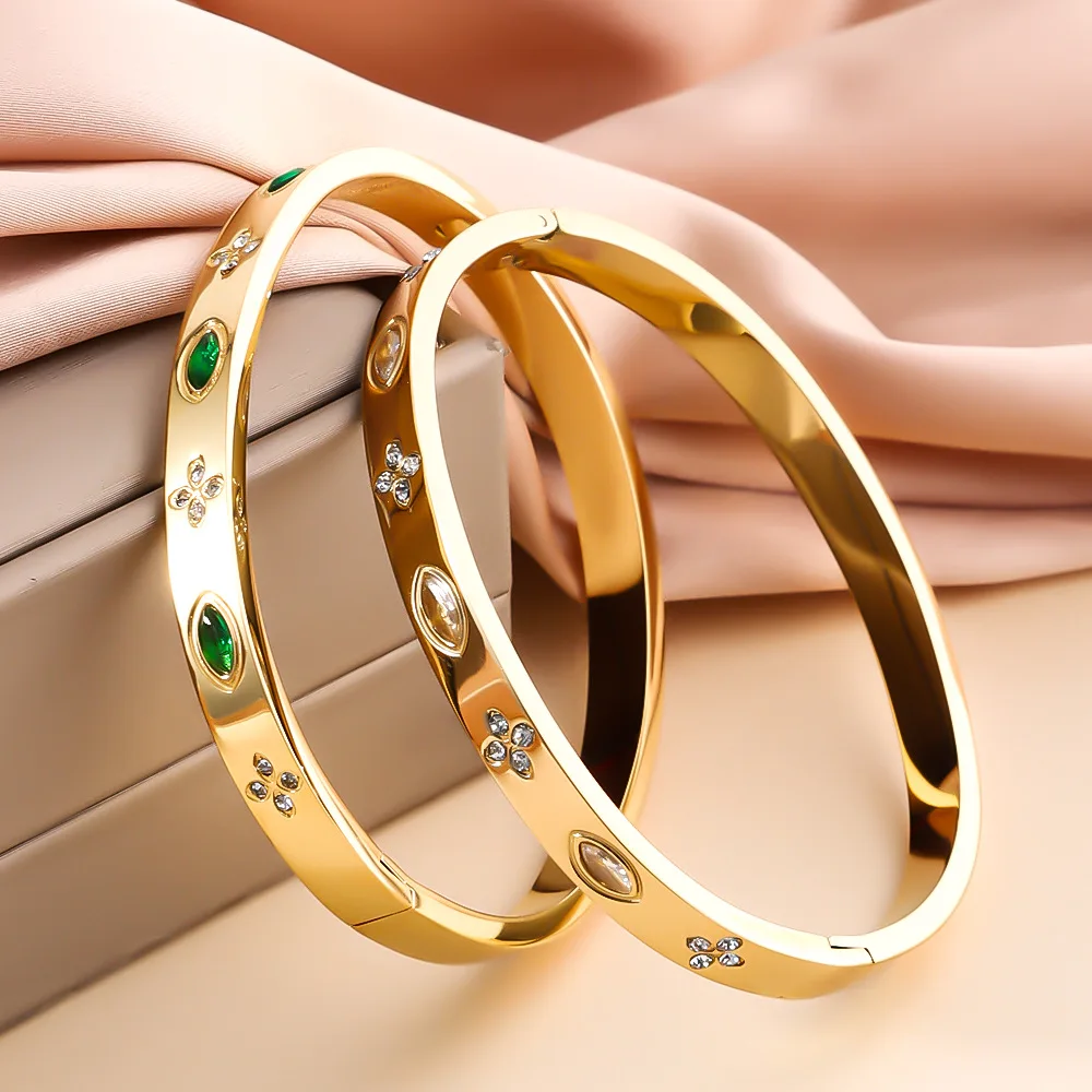 

Fashion Green Eyes Charm Bracelet Stainless Steel Inlaid Crystal Zircon Bracelet Simple Bangles Women Jewelry Gifts Wholesale