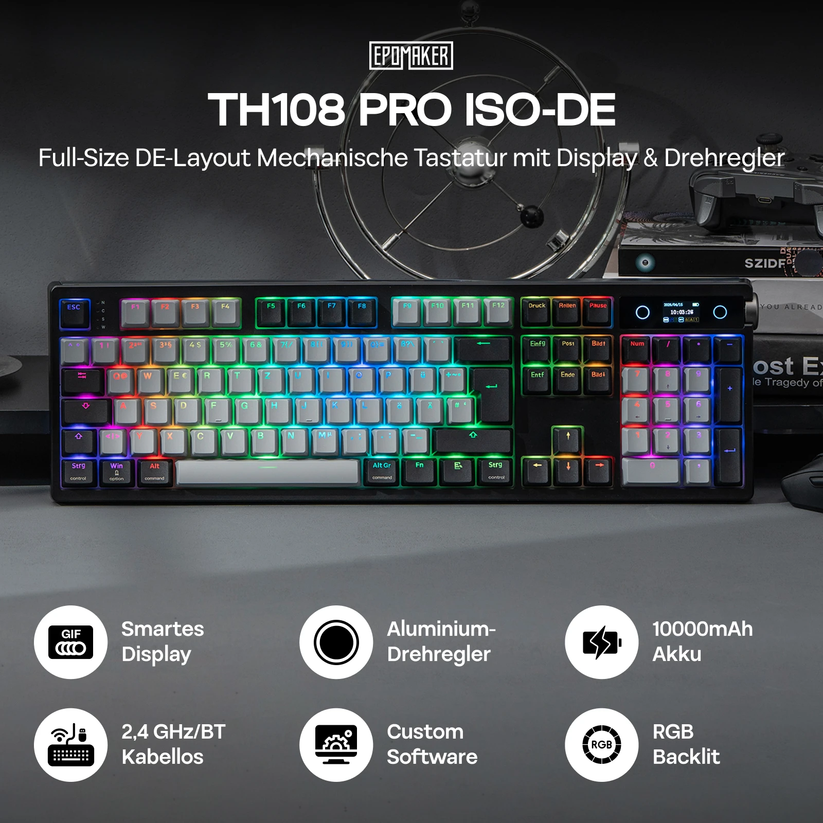 ISO-DE EPOMAKER TH108 PRO 100% German QWERTZ Layout Tri-mode Wireless Mechanical Keyboard 10000mAh & RGB Backlight