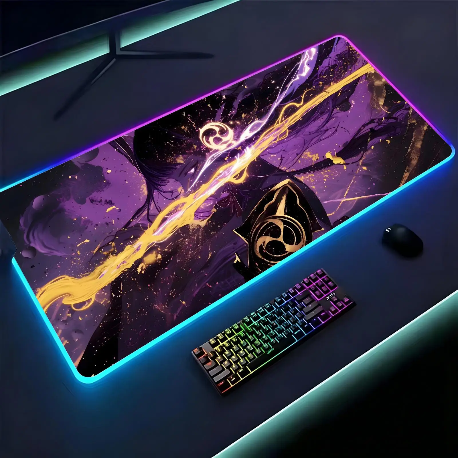 Genshin Impact Raiden Shogun RGB backlit esports gaming mouse pad, smooth soft cloth surface, LED luminous extended desk mat