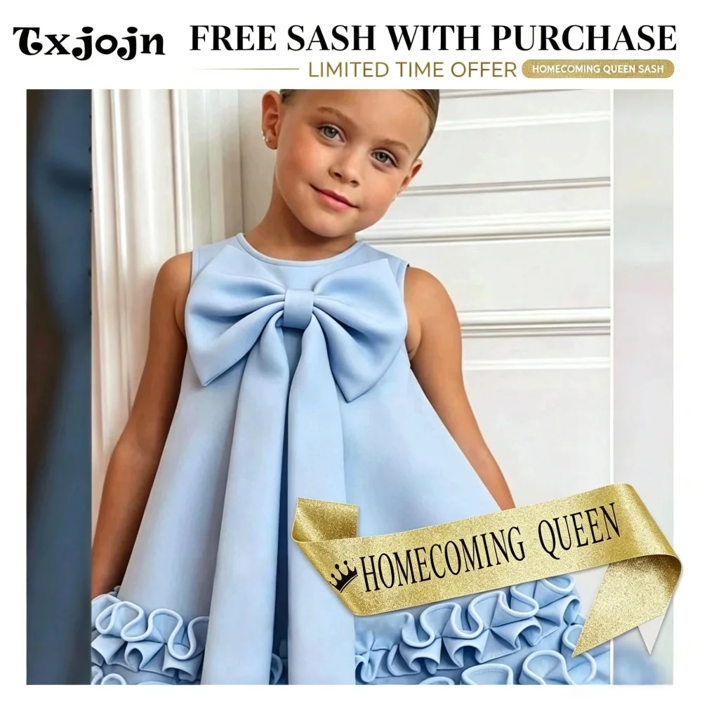 Princess Style Bow Homecoming Girls Dress, Elegant Ruffled Birthdy Party Dress for Girls, Sleeveless Flower Girl Wedding Dress