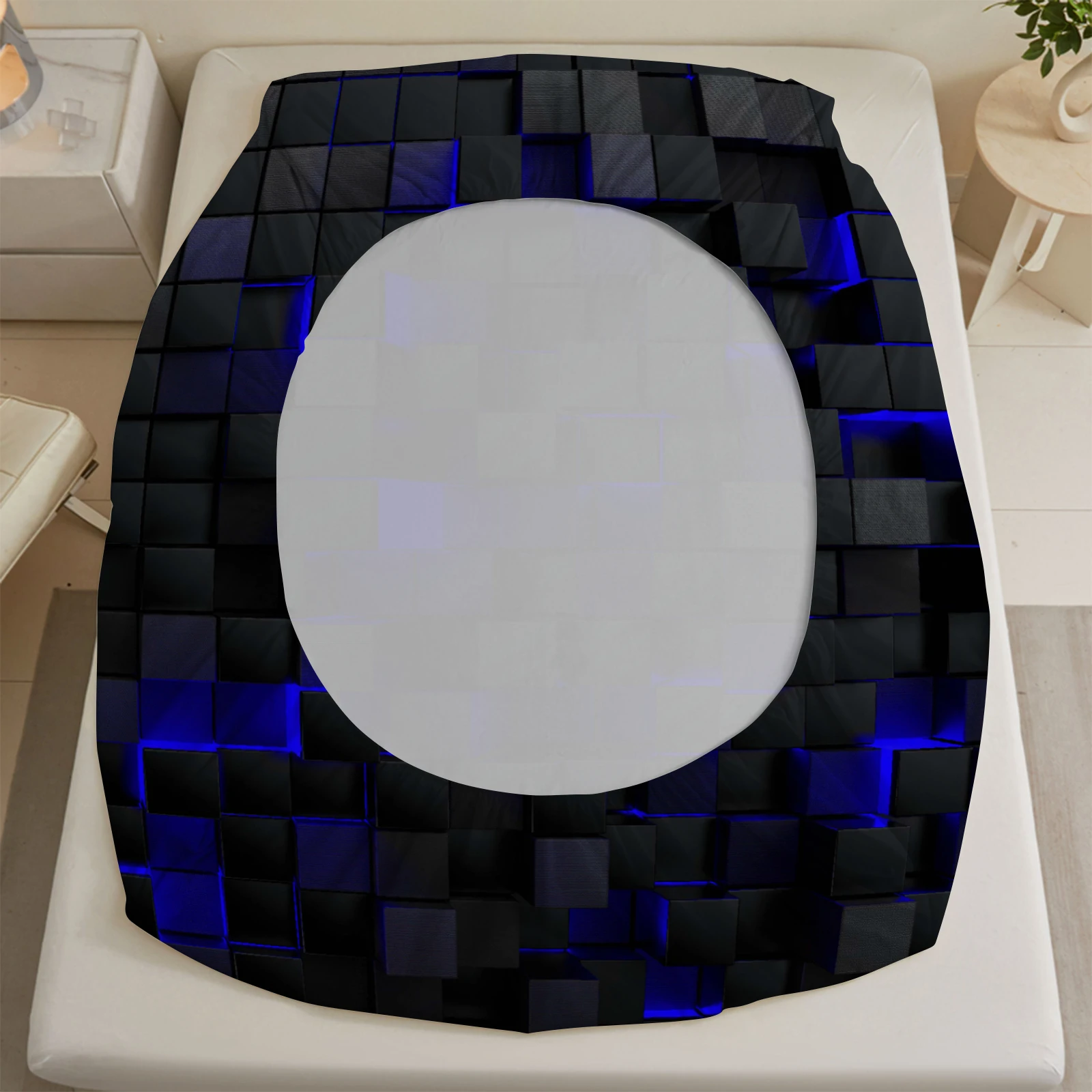 1 Stück 3D-geometrisches quadratisches Spannbettlaken, schwarz, blau, leuchtende Würfelstruktur, weiche Mikrofaser-Bettwäsche für moderne Schlafzimmerdekoration – Detail 9