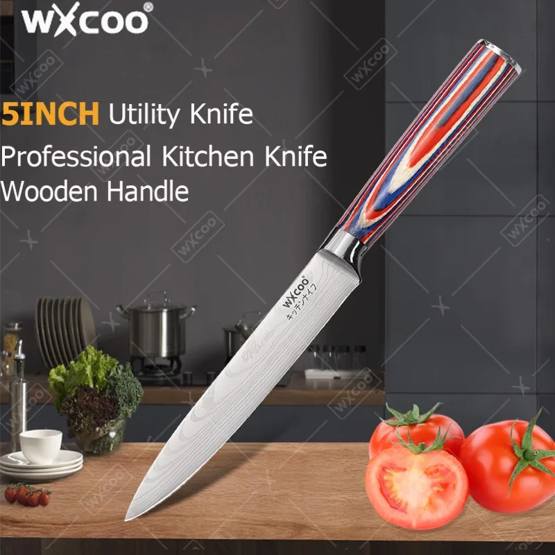 

WXCOO Utility Knife 5 Inch Chef Knife High Carbon Stainless Steel Cooking Fruit Paring Meat Cleaver Kitchen Knife Wooden Handle