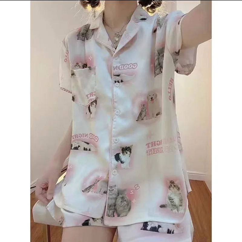 Pijama corto y largo de satén con estampado de gato para mujer, conjunto de ropa de casa de seda, fino, Kawaii, juvenil, Verano