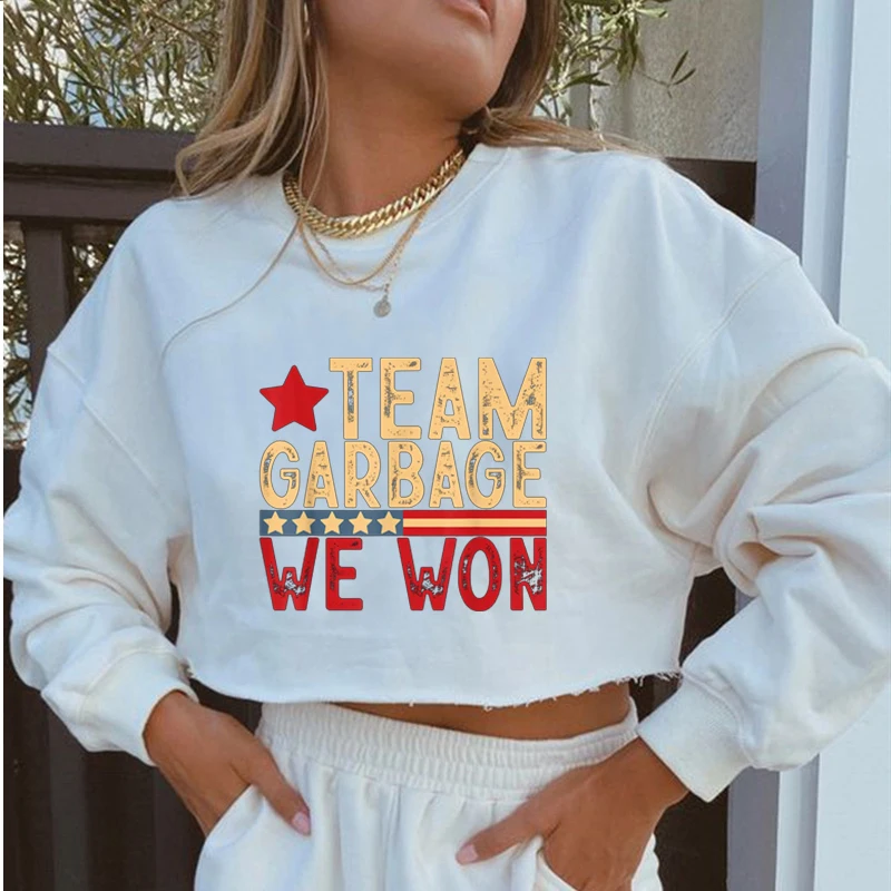 Trump Sweatshirt Team Garbage We Won Text Flag Print Simple Style Streetwear Crop Pullover Women Birthday Gift