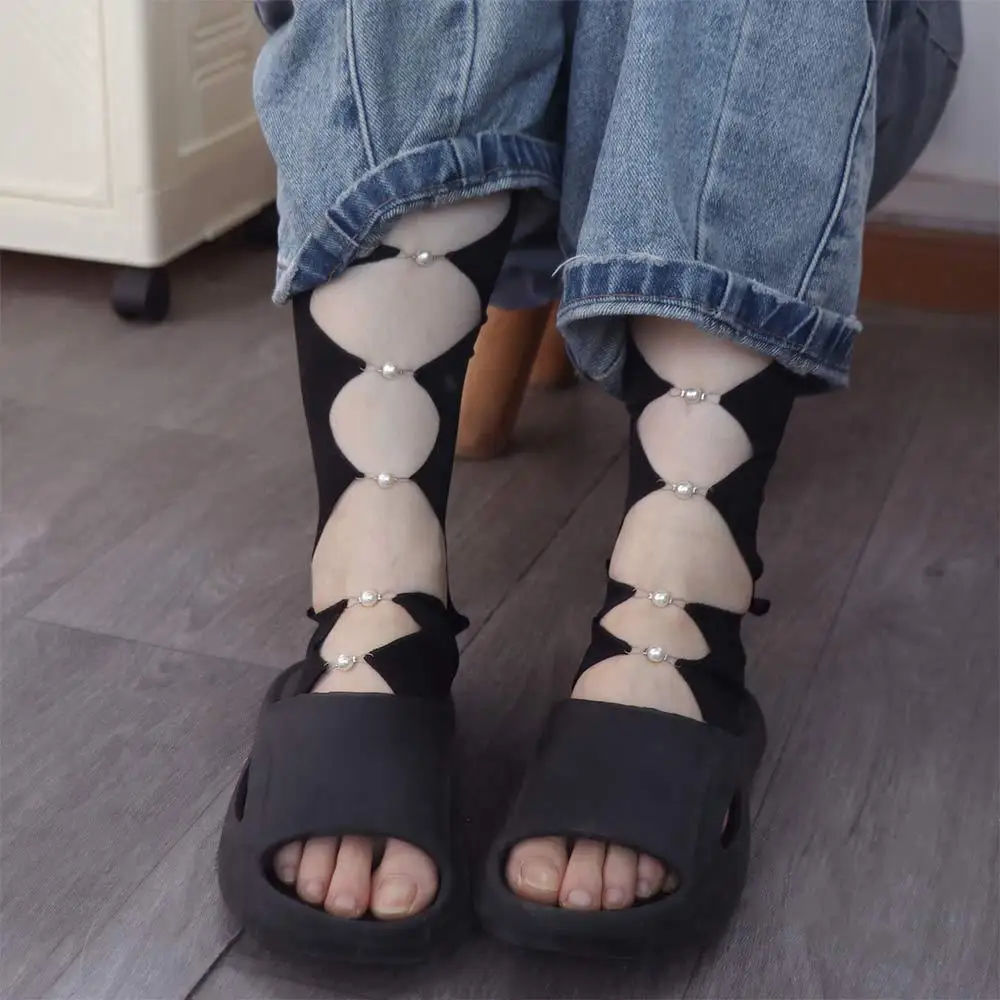 

Fashion Cool Black Punk Arm Sleeves Springy Thin Pearl Half Finger Arm Cover Y2K Leg Socks Hollowed Calf Sleeve Summer