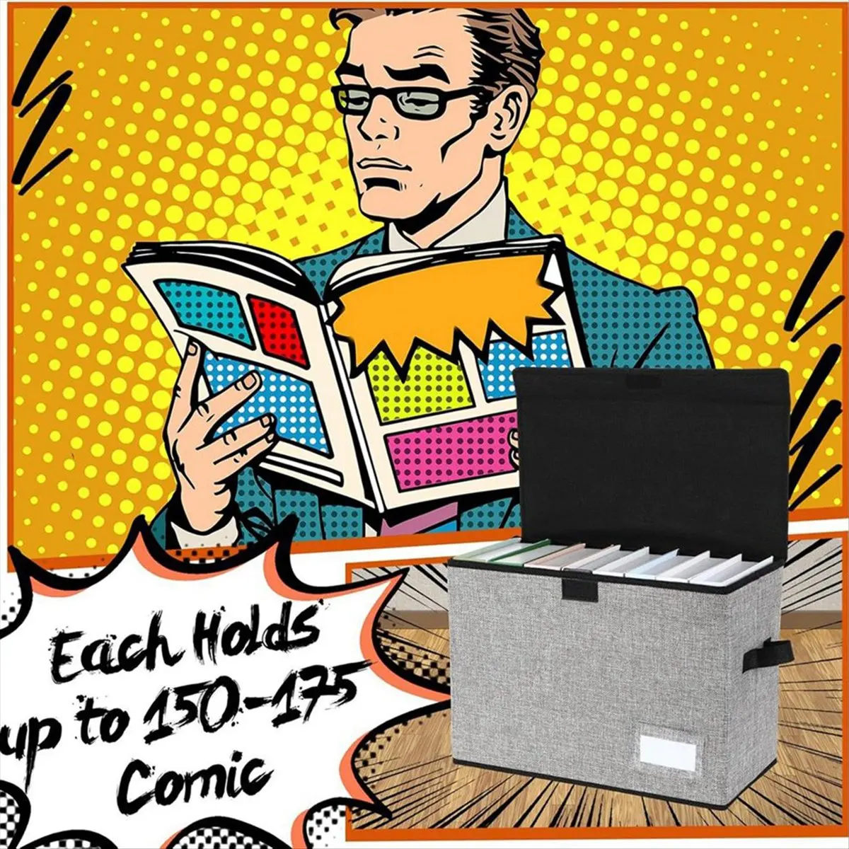 A75K Comic Book Storage Boxes, Back to School Fold Comic Short Box Case with Lid, Book Bin Container Holds 150 Comics Gray