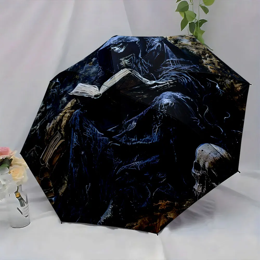 1PC Dark Gothic Skeleton Umbrella Design Print 8 Iron Ribs Folding Umbrella Auto-Open Fashion Sunshade