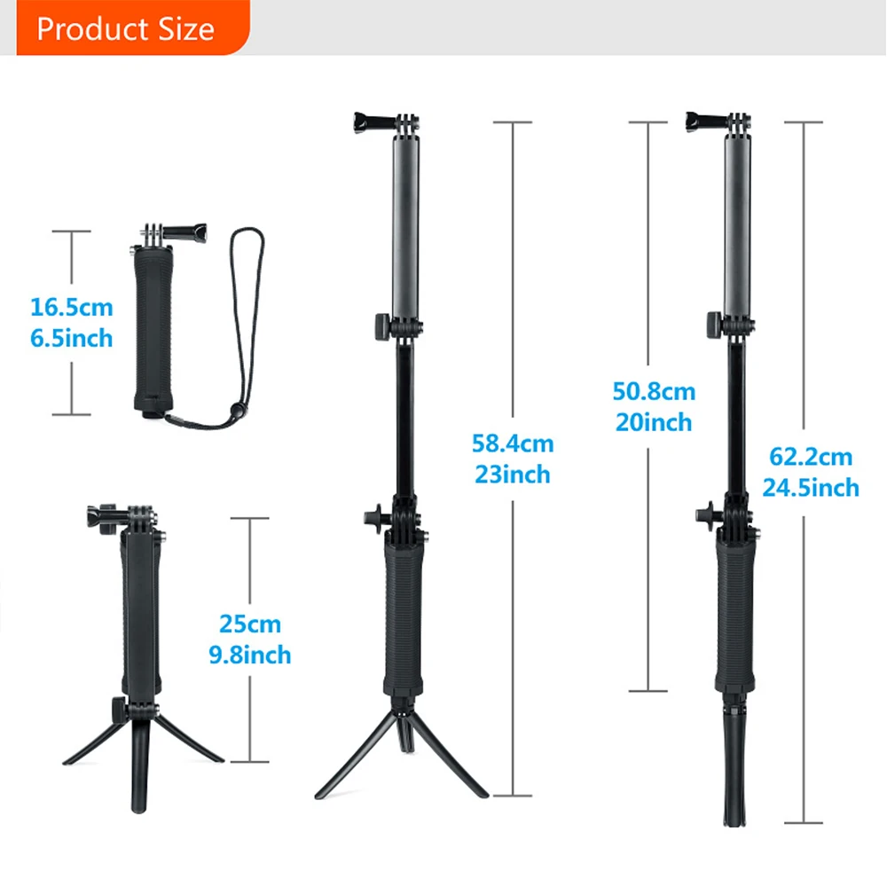 Dobrável impermeável 3-Way Grip Tripé Stand, monopé Selfie Stick para GoPro Hero 12, 11, 10, 9, 8, 7, 6, 5, Go Pro Acessório