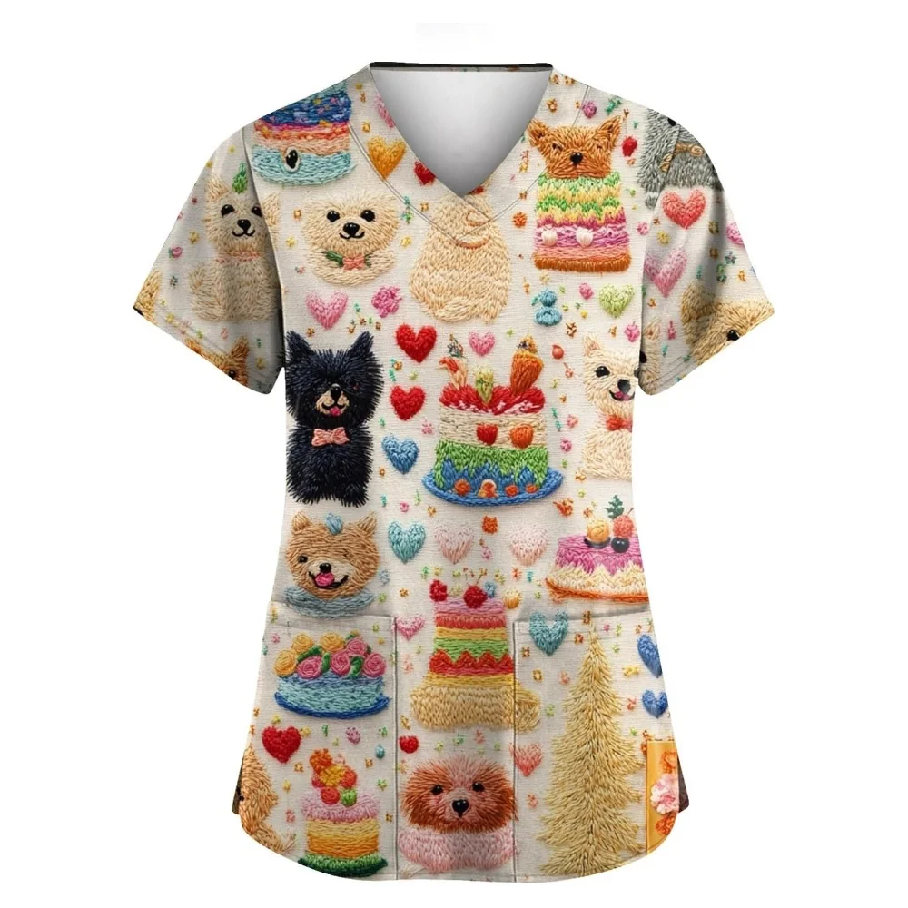 

Birthday Kitten Cartoon Prints Surgical Uniforms Woman Summer Fashion V-Neck Women's Scrub Short Sleeve Tops Clinical Uniform