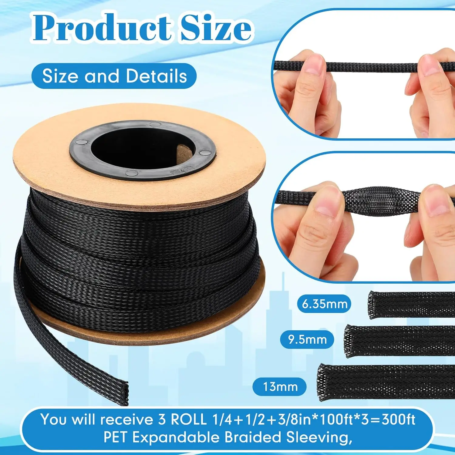 Wire Loom PET Expandable Braided Sleeving Braided Sleeve for TV, Computer, Home Theater(Black)