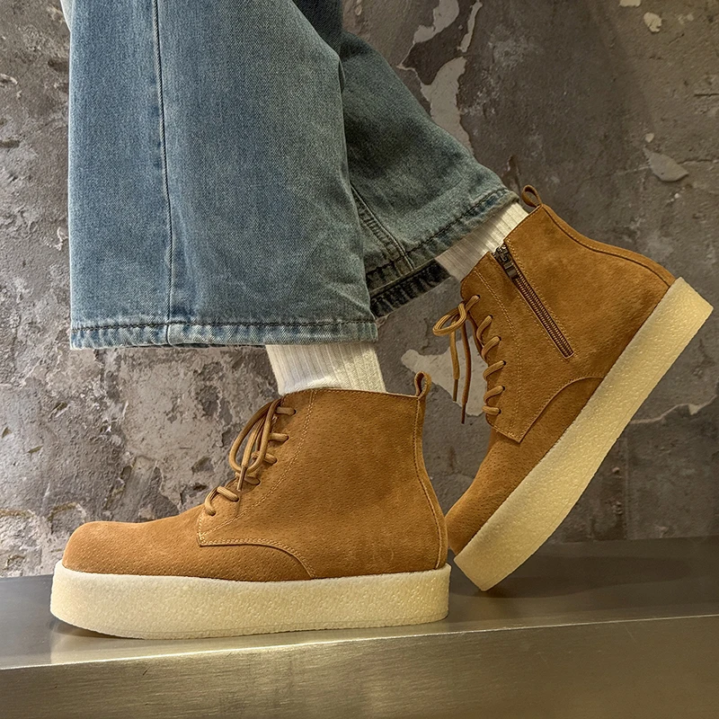 Thick Soled Height Increasing Work Boots for Men Solid Color Anti Suede Lace Up Short Boots for Youth Daily Outdoor Hiking Shoes view 3