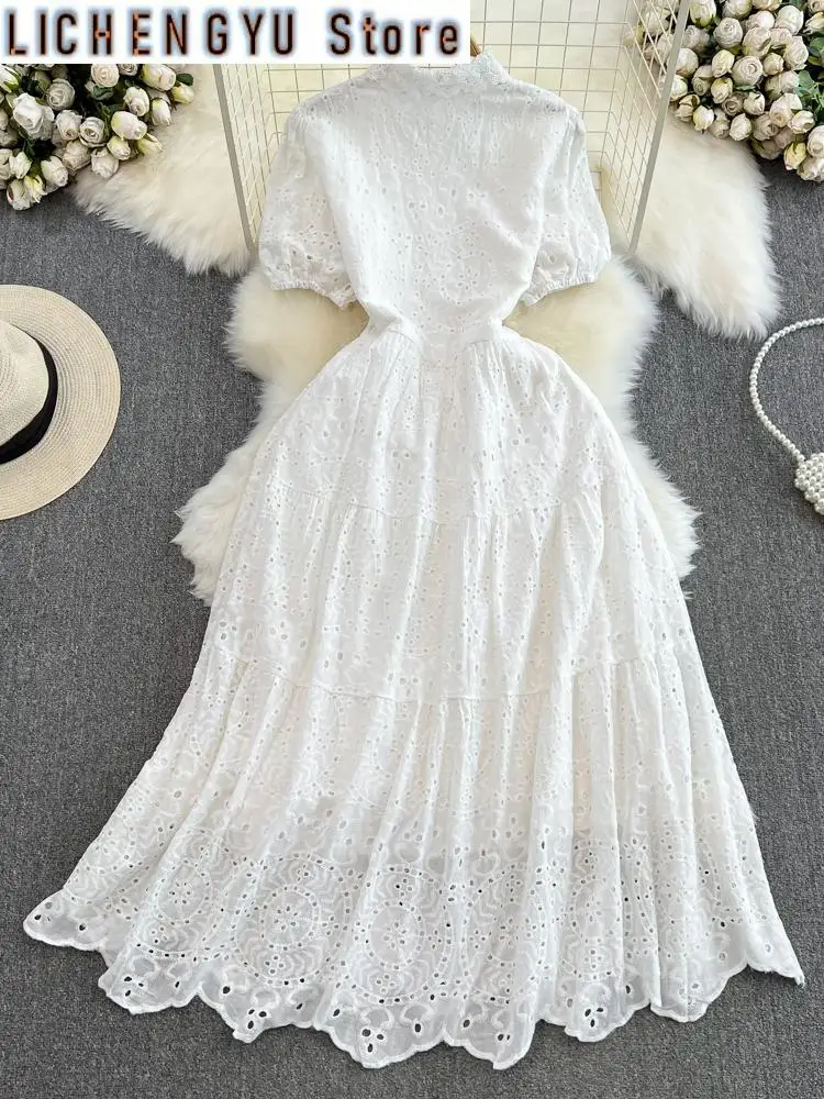 New Hollow Out Embroidery Lapel Lace Solid Color High Waist Sweet Style Chic Women's Dress Summer