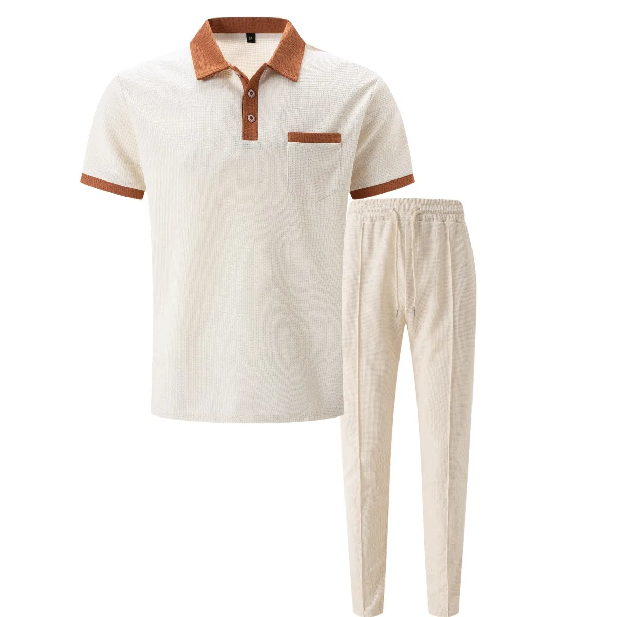 2025 men's new Waffle collar matching color short-sleeved pants two-piece casual suit