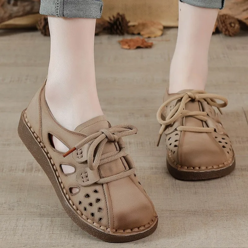 Full Cowhide Summer New Cowhide Soft Bottom Hollow Sandals Female Retro Shoes Leather Wide Foot Thick Bottom Women\'s Shoes