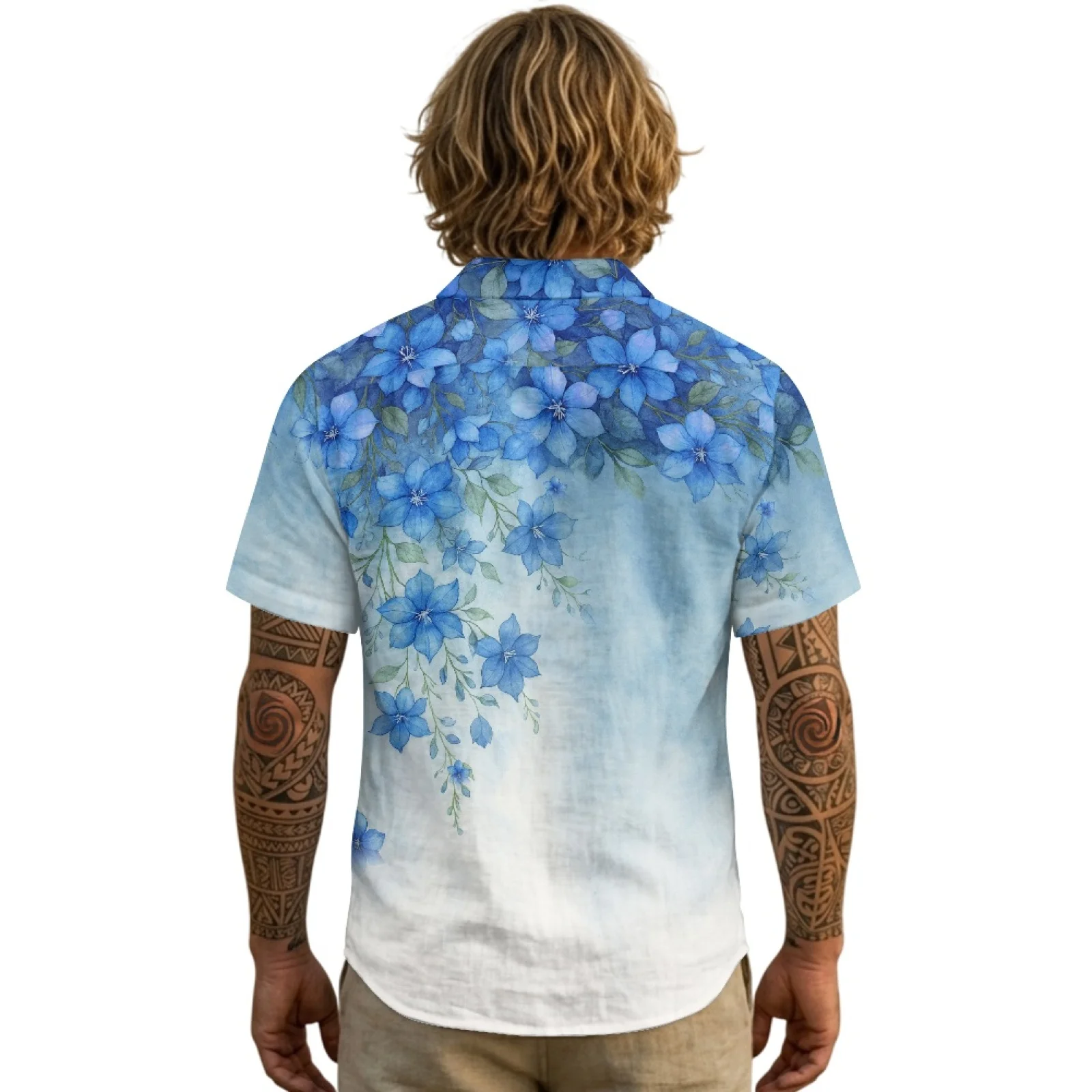 PENSTROLL Single Breasted Linen Style Daily Tops Breathable Loose Tops for Work Blue Flower Hummingbird Print