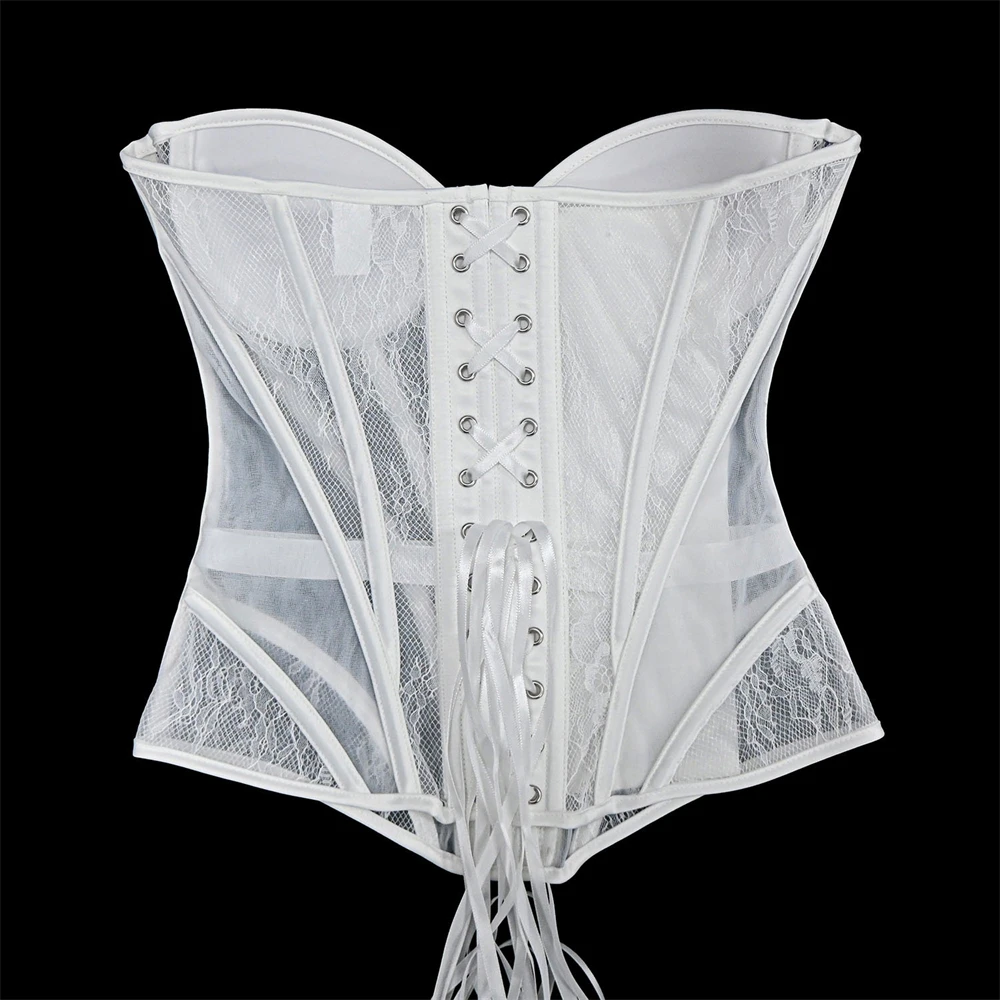 Women Fancy Overbust Corset Cups Boned White Transparent Floral Lace Mesh Bodice Sexy Hourglass Push Up Busiter Tops view 5