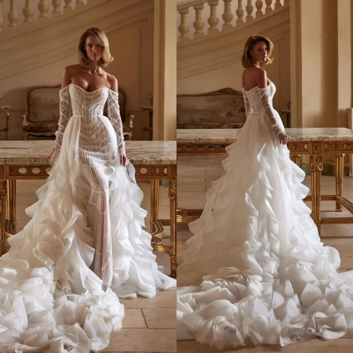 

Gorgeous Wedding Dresses Sequins Off Shoulder Bridal Gowns with Detachable Train Ruffle Mermaid Customized Vestidos De Novia