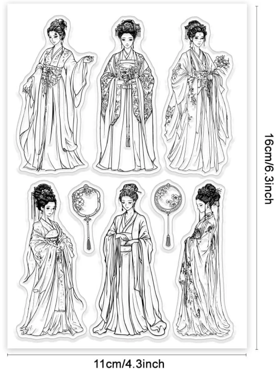 1Sheet Hanfu Women Clear Stamps Ancient China Lady Silicone Clear Stamp Seals Fan Transparent Stamps for DIY Scrapbooking Cards