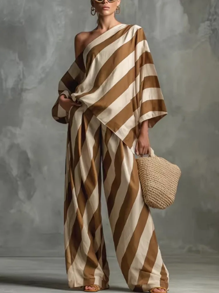 

Bonboho 2026 Summer Fashion Loose Casual Pant Sets for Women Caramel & Beige Diagonal Stripe Off-Shoulder Wide Leg Pants Set