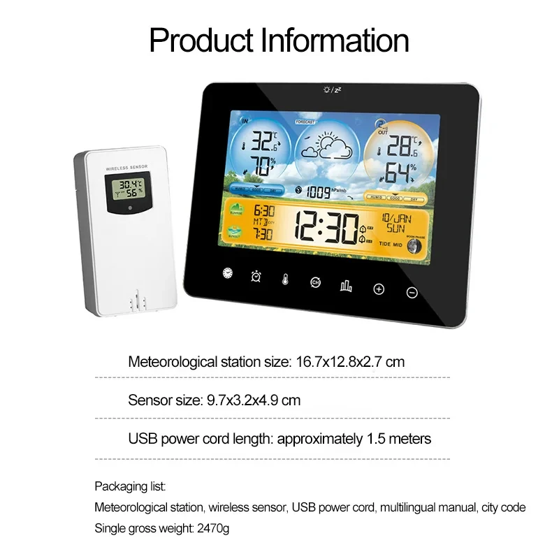 Digital LCD Weather Station Thermometer Indoor Temperature Humidity Meter Touch Color Screen Weather Forecast Station for Home