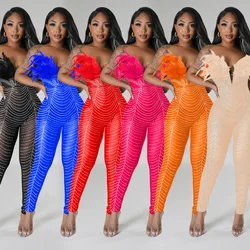 Mode Effen Kleur Feest Bijeenkomst Club Nachtclub Prom Sexy Mesh Hot Diamonds Broek Jumpsuit