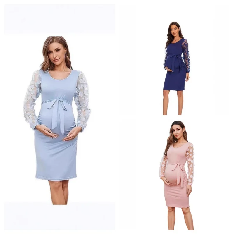 

Европейское и американское платье для беременных с цветочным принтом, облегающее, летнее, с длинными рукавами и круглым вырезом