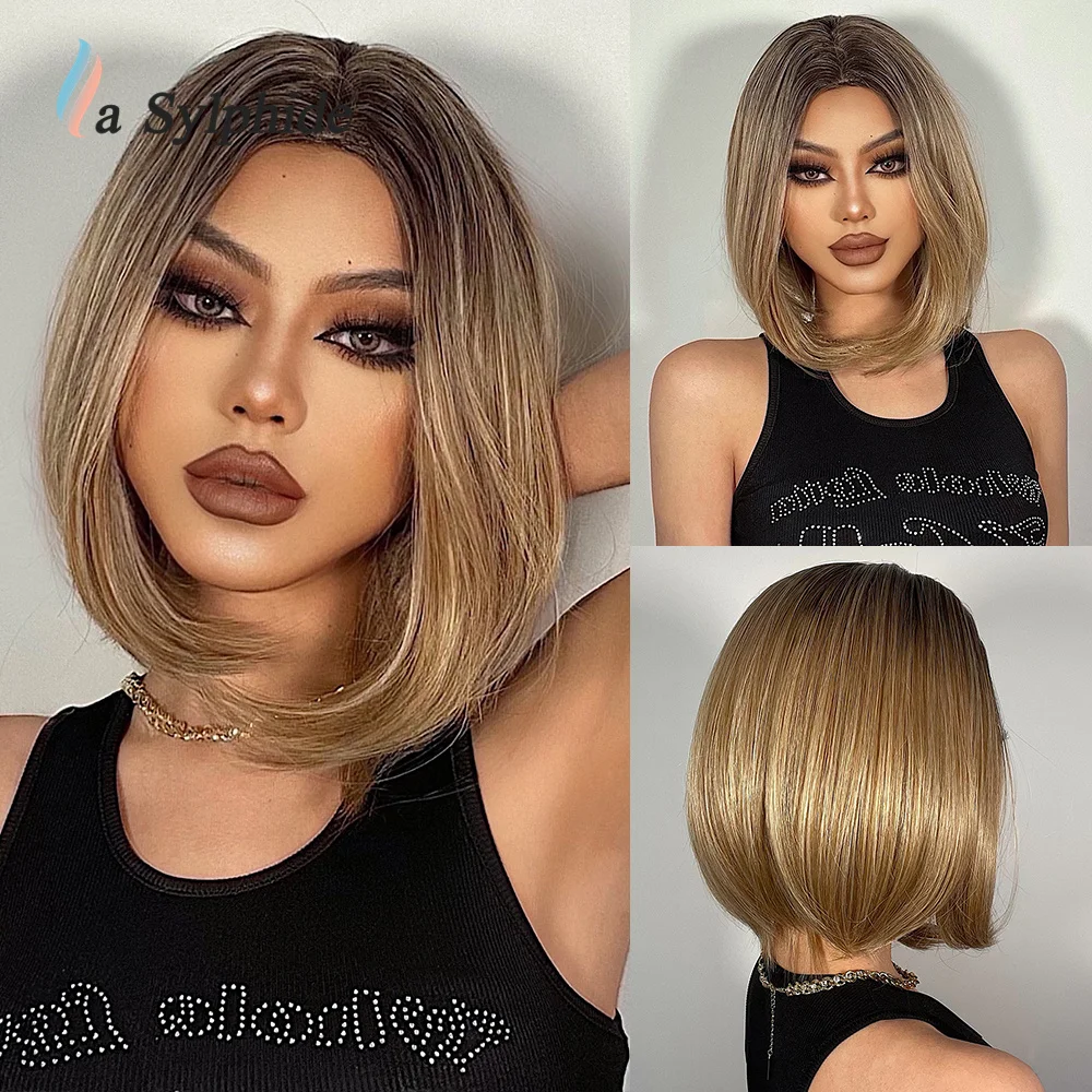 

La Sylphide Short Bob Straight Synthetic Deep Blonde Wigs Midsplit for Women Ripe Party Daily Cosplay Heat Resistant Hair