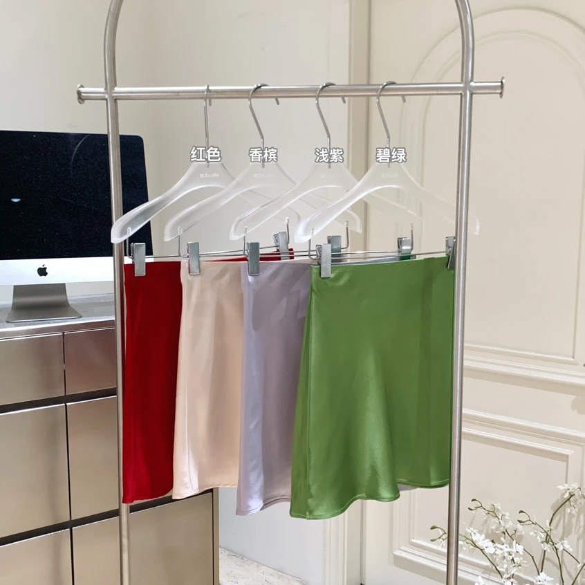 

Women's Elegant Satin Mini Skirt Lady Summer Solid Color Slim Acetate Short Skirt