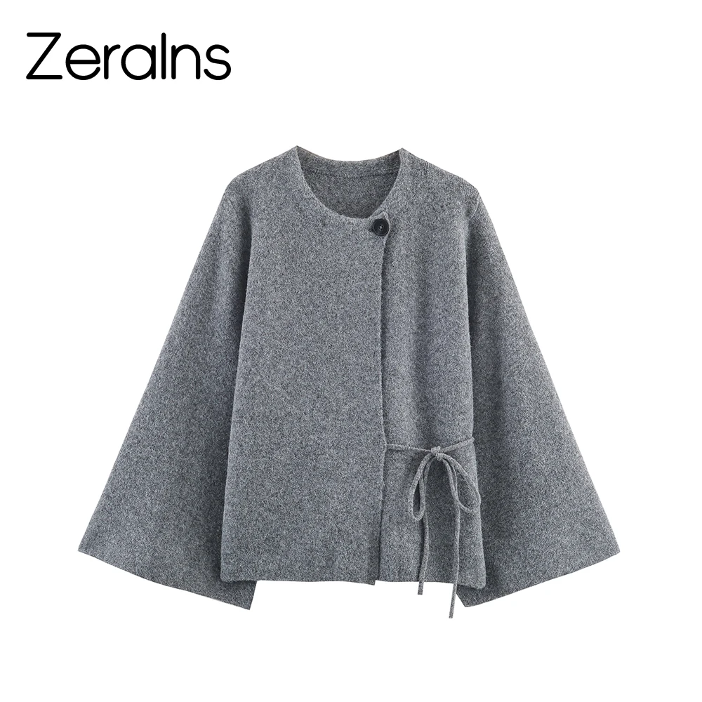 

ZERAINS 2025 зимний новый продукт, модный стиль, круглый вырез, пуговицы, галстук-бабочка, вязаное пальто с открытыми рукавами