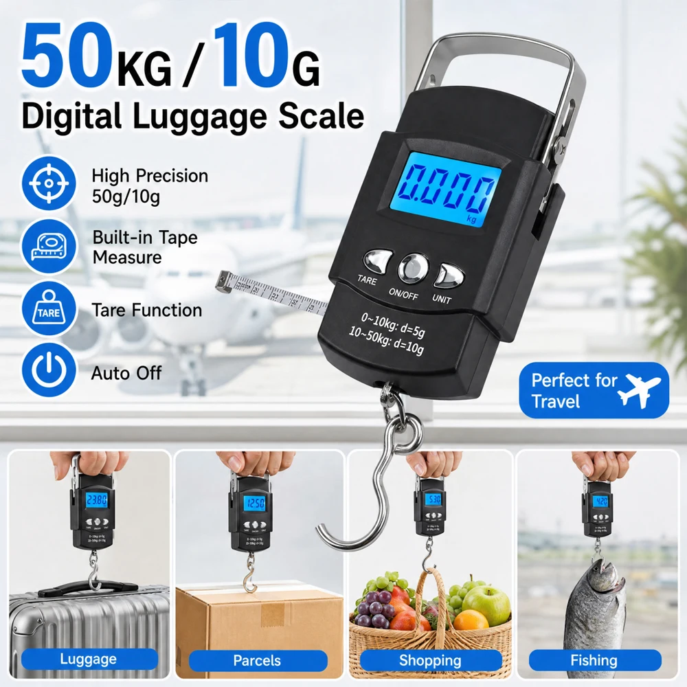 New 50KG/10g Digital Fishing Scale with Ruler Portable Travel Luggage Weighing Scale Digital Fishing Scale Kitchen Food Scale