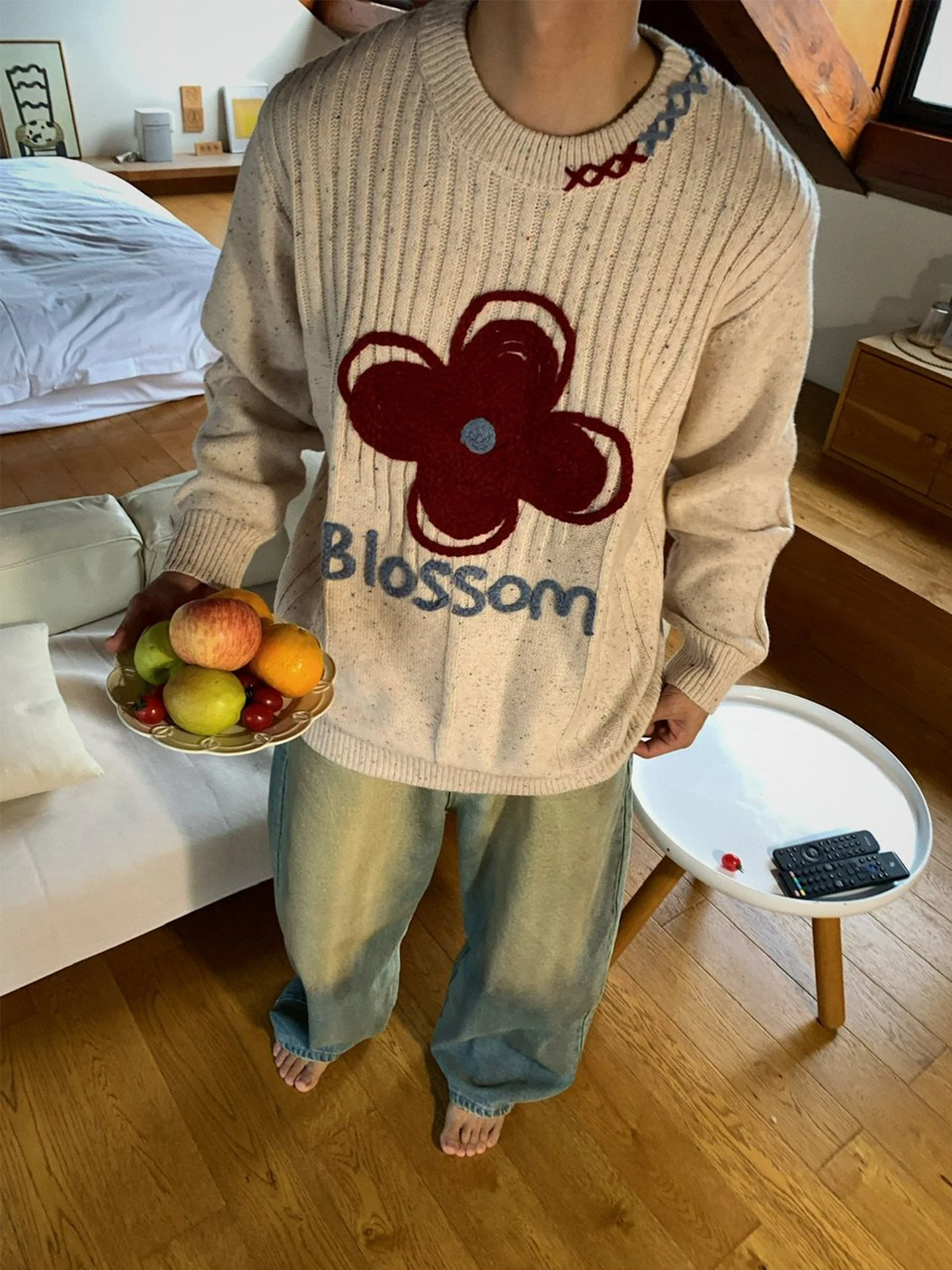 

Retro Embroidered Knitwear Loose Fit Men's Sweater Comfortable Lazy Top Breathable Long Sve round Ne Warm Plant Floral