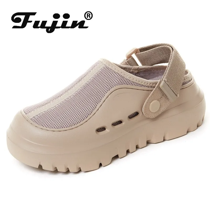 

Fujin 5 см дышащие тапочки из микрофибры с воздушной сеткой на платформе, женские сандалии высокого бренда на танкетке, полые тапочки на плоской подошве