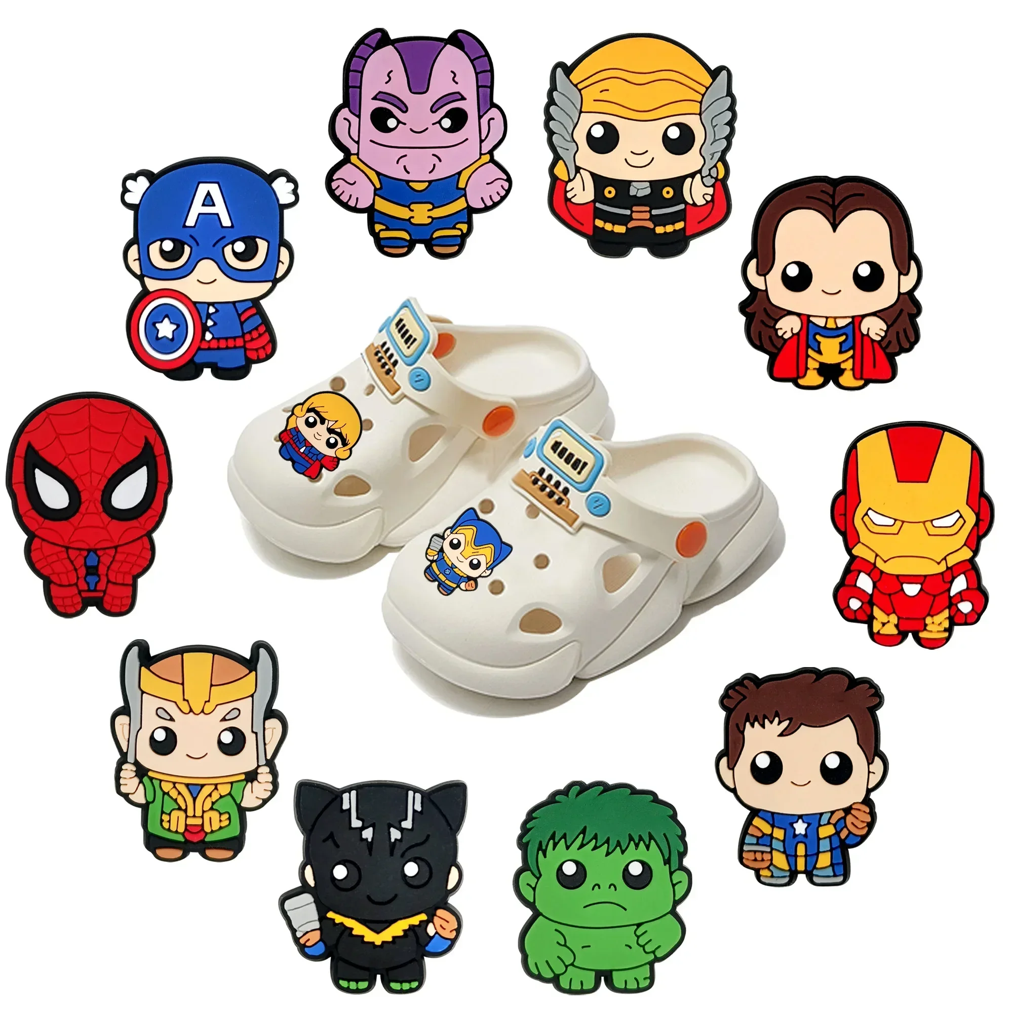 12/50/100 Stück Mesuca Captain America Hulk Superhelden PVC-Schuh-Schnallenanhänger Spider-Man Avenger Slipper Clog passend für Armbänder