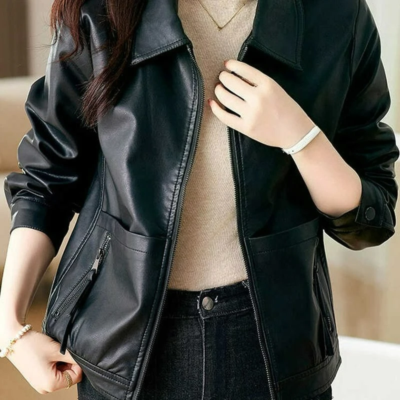 سترة جلدية قصيرة بجيب وسحاب للنساء 2026 ربيع خريف جديد عصري ملابس خارجية فضفاضة غير رسمية ملابس خارجية جلدية عصرية #3