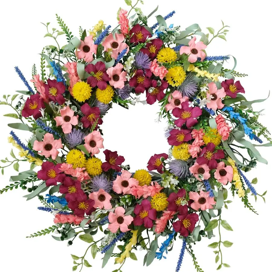 

Дюймовый венок из искусственного цветов для входной двери, красочный венок с ромашками и зелеными листьями на весну и лето, фермерский дом в помещении и на открытом воздухе