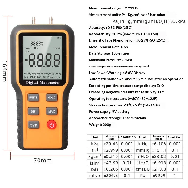 Large Screen Digital Differential Pressure Gauge for Gas Pipelines & Automobile Engine Compartments