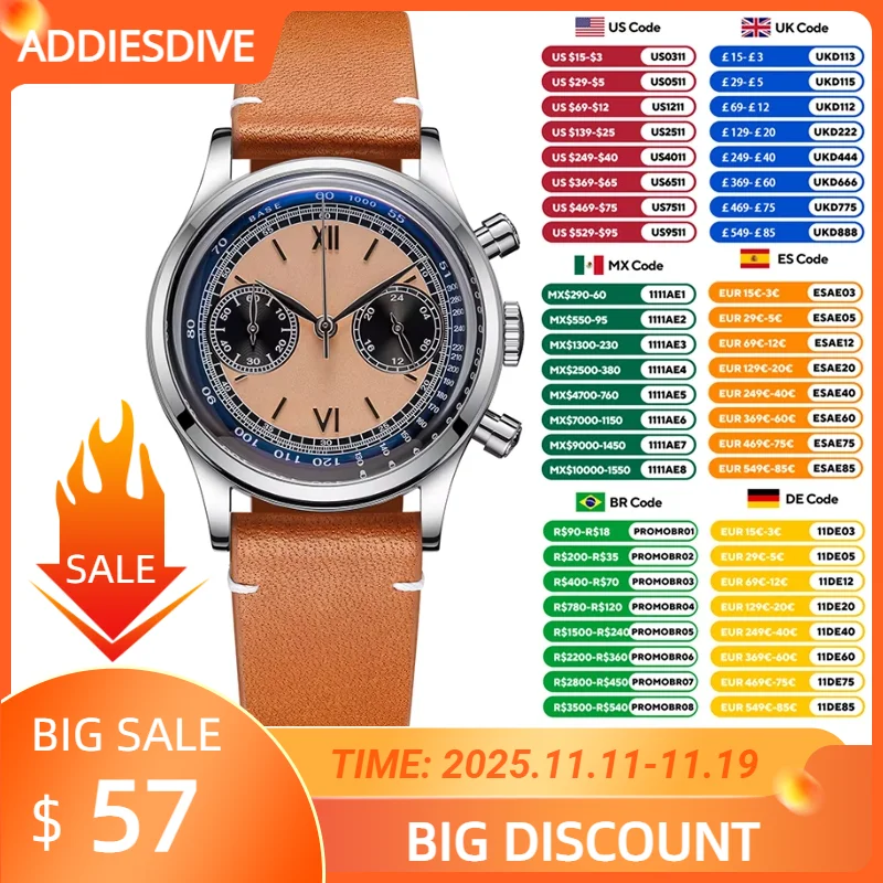 Addiesdive นาฬิกาควอทซ์38มม., นาฬิกาควอทซ์โครโนกราฟธุรกิจ60นาทีนาฬิกาหนังผู้ชายดำน้ำลึก100ม. นาฬิกาข้อมือย้อนยุคกระจกโดมฟอง