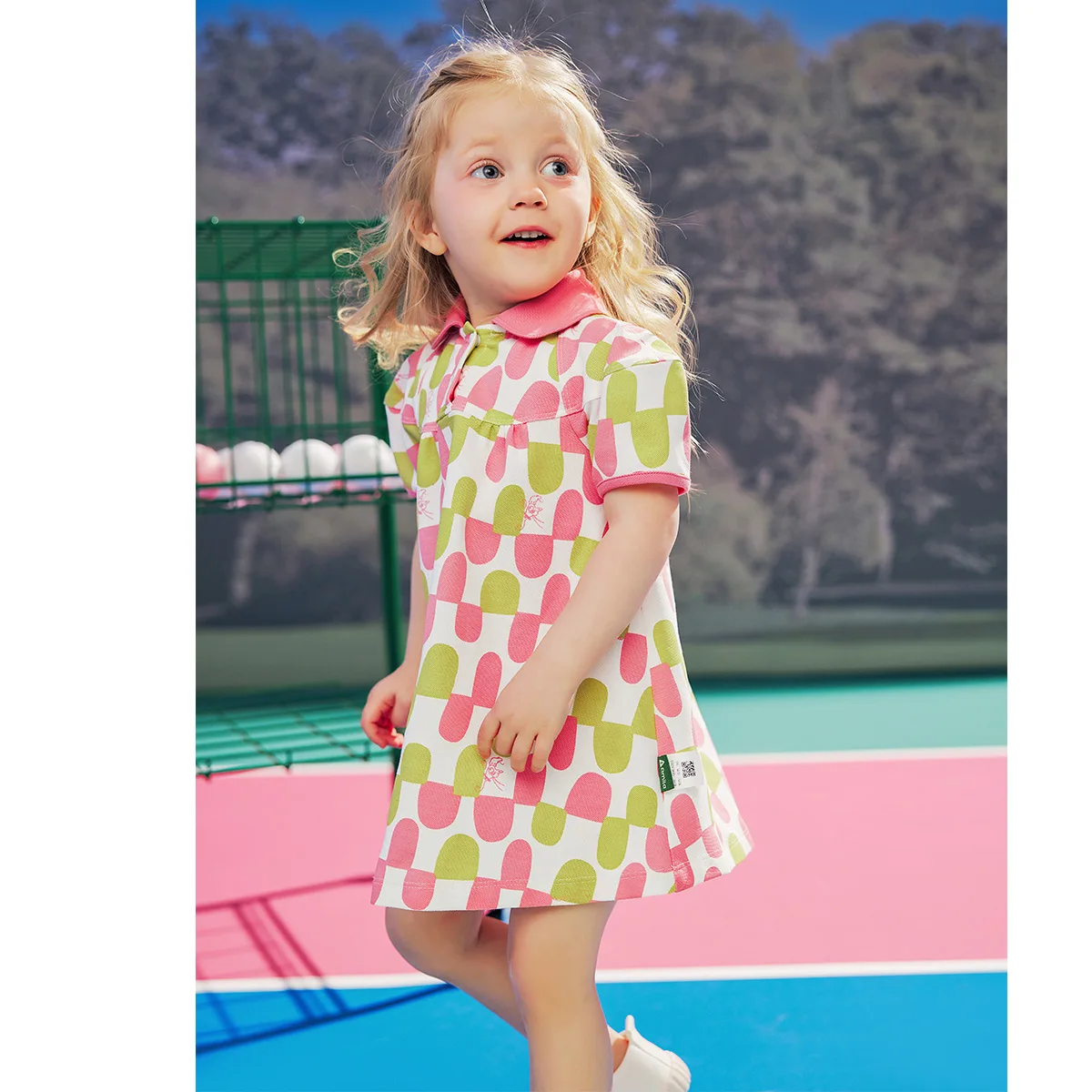 Amila2024 Summer New Children\'s Short-Sleeved Dress Girls Polo Collar Color Full Print Cute Sweet Skirt