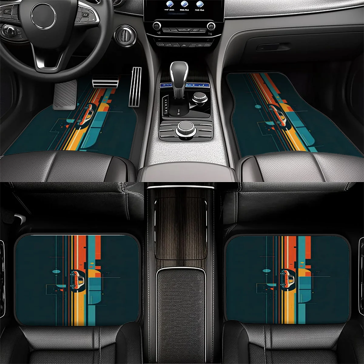5pcs Car Floor Mats, Trunk Mats With Retro-Futuristic Style Track Lines And Floating Sports Car Pattern Car Floor Mats, Polyeste