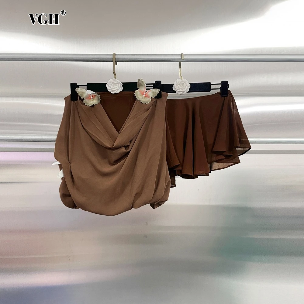 

VGH Solid Two Piece Sets for Women Strapless Sleeveless Spliced Appliques Top High Waist Mini Skirt Hotsweet Suit Female Fashion