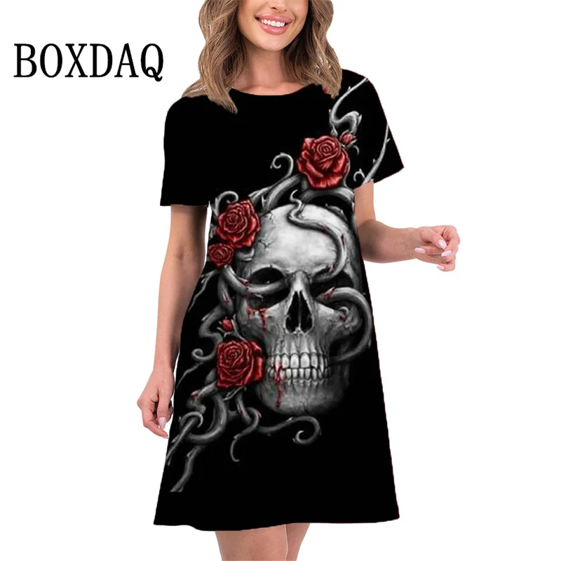 2024 New Women Clothing Spring Summer Dress Fashion Casual Short Sleeve 3D Rose Skull Printing Loose A-Line Dress Women Vestidos