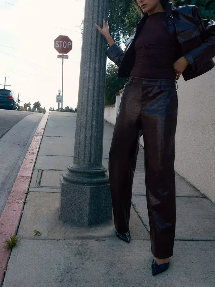 Faionable الجلود الاصطناعية Jaet جديد وصول الشتاء الملابس النسائية iny السراويل تخفيف Sle طويل Sve ort معطف