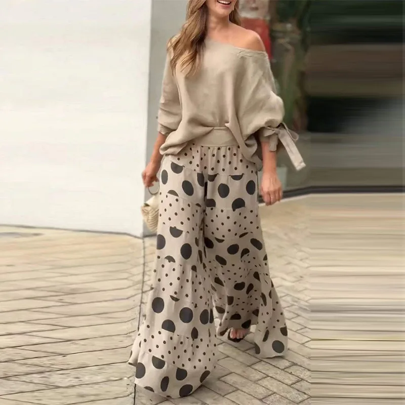 Women Two Pieces Pant Sets Wide Leg Pants Slash Neck Pullover Tops Print Loose Pockets Matching Sets Ankle Length Casual