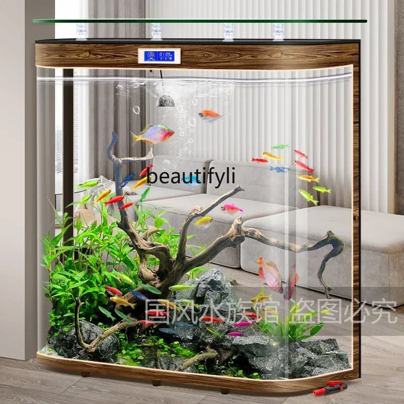 2003 Hot curved glass fish tank, large aquarium in living room, floor-to-ceiling water-free ecological self-circulation