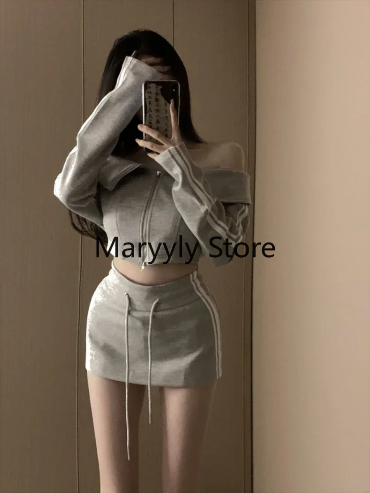 Pure Color 2 Piece Skirt Set Women Sexy Bodycorn Long Sleeve Sweatshirts Tops + Casual High Waist  Sport Mini Skirt 2023 Autumn