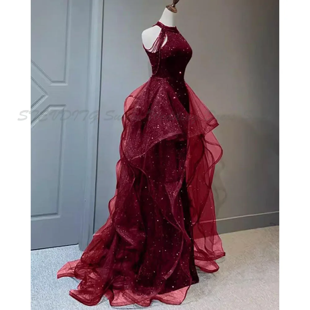 Red Evening Dresses Prom High Neck Sleeveless A Line Tiered Sexy Set Formal Event High Quality Flowing Floor Length Party Gowns